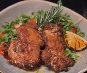 ous Vide Pressed Organic Chicken, with wild arugula, warm yam bacon ‘salad’ and a Meyer lemon vinaig